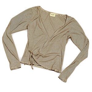 Y2K Striped Crossover V-Neck Tie Top, Cream & black striped, Size Small